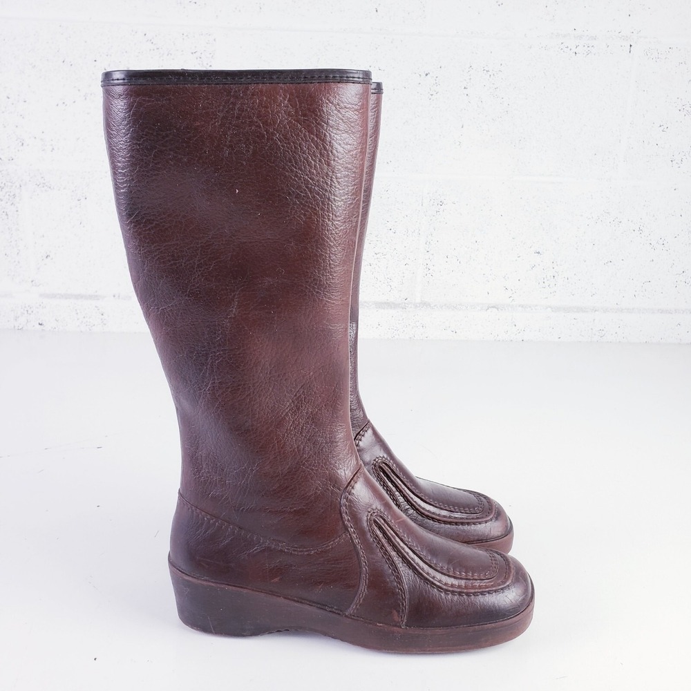 Carolina Boots Winter Leather Tall Boots Brown Faux Fur Lined Zip Up 7